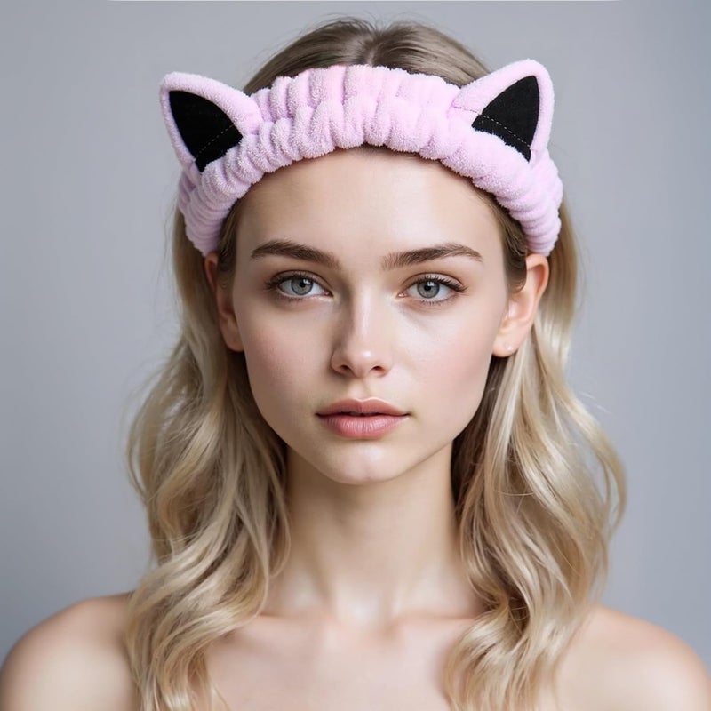 Waliah 2 Pcs Cat Ears Headband, Cute Spa Headbands for Washing Face Skincare Makeup Headbands for Women Girls Trendy Stuff Present Soft Coral Fleece Hair Accessories(Pink Purple) - Image 5